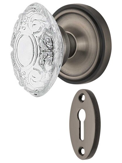 Classic Rosette Mortise-Lock Set with Victorian Crystal-Glass Knobs in Antique Pewter.